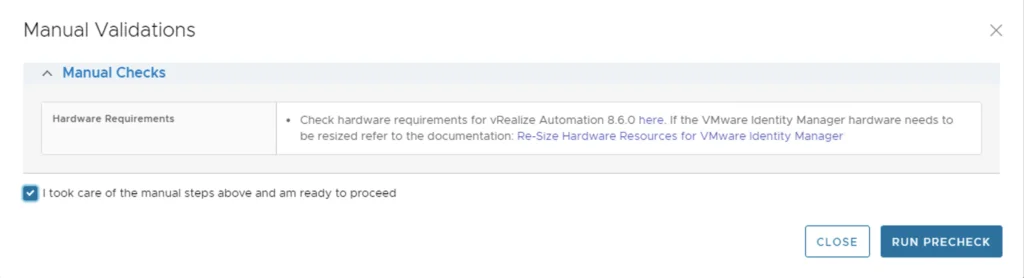 Manual validation step for vRA 8.6.0 upgrade, checking hardware requirements.
