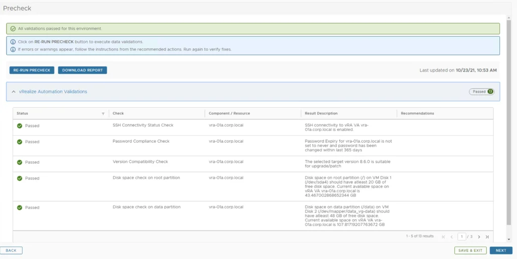 Precheck results show all validations passed for vRealize Automation 8.6 upgrade.