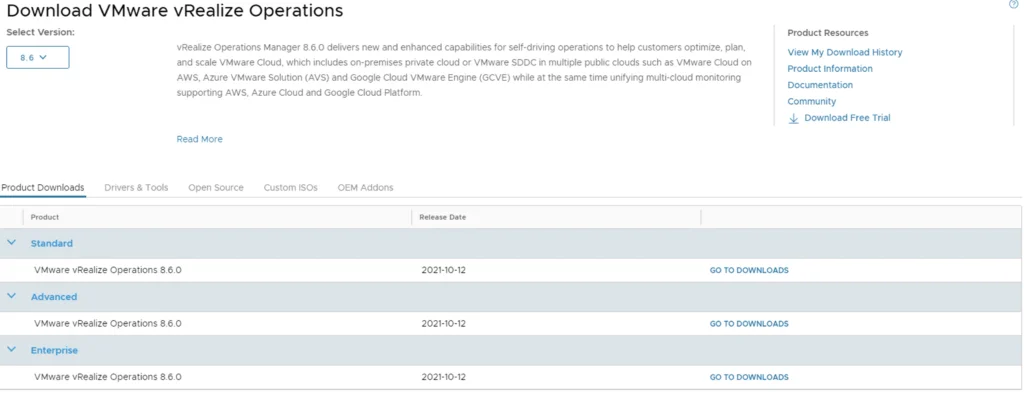 UI shows VMware vRealize Operations Manager 8.6.0 download options with "Standard," "Advanced," and "Enterprise" versions.