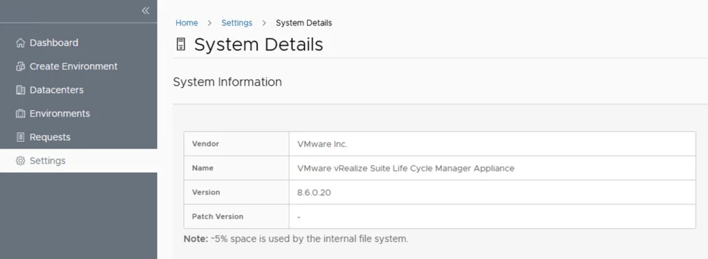 System Details page shows vRSLCM version 8.6.0.20, vendor VMware Inc.