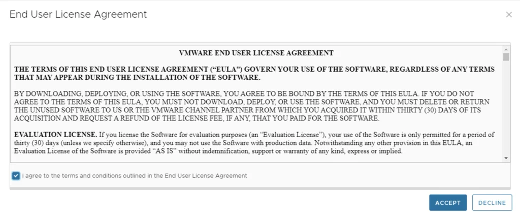 End User License Agreement page with checkbox, “ACCEPT,” and “DECLINE” buttons.