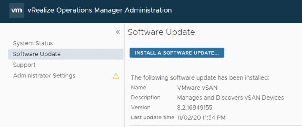 The Software Update page shows a recently installed VMware vSAN update.
