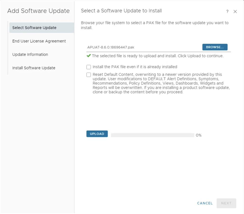 UI shows “Select Software Update” step, file ready for upload, options to install or reset content.