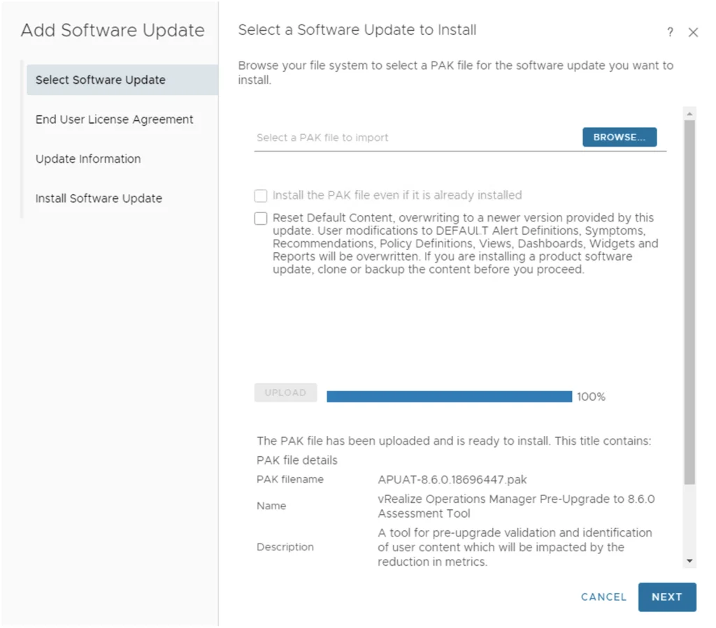 Uploading PAK file for vROPS upgrade, ready to install.