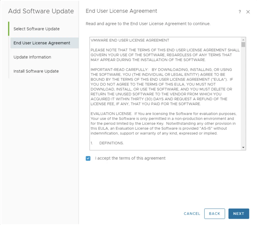 End User License Agreement screen; select “I accept the terms of this agreement” checkbox, then click “NEXT”.