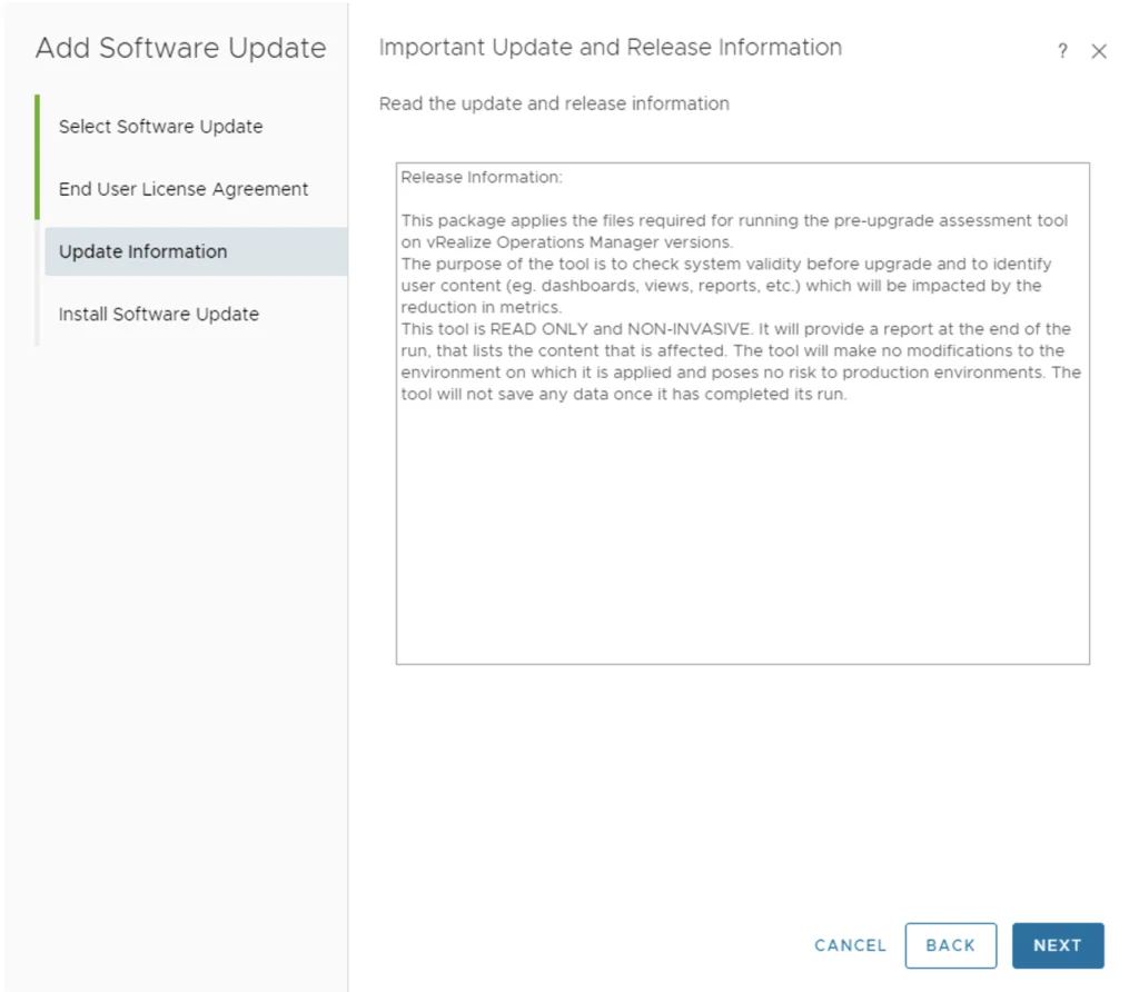 Update Information step in vROPS upgrade wizard.
