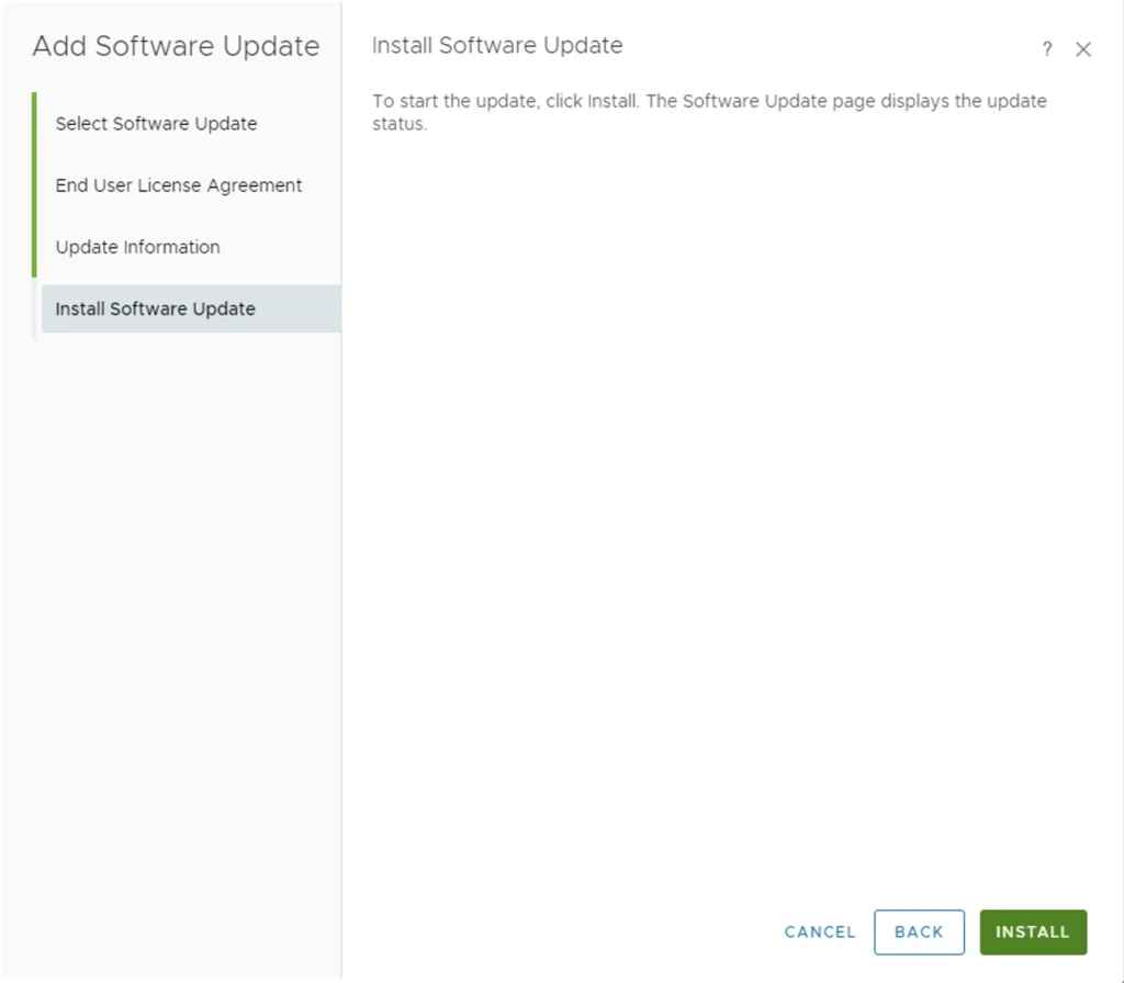 Wizard step: Install Software Update. Click Install to start the update.