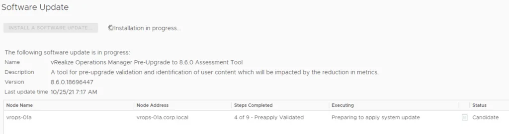 Software update installation in progress for vROPS 8.6.0.