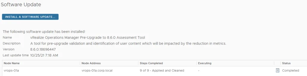 Software update status shows “Completed” for vROPS upgrade.