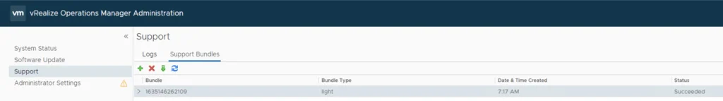 In vROPS, a support bundle labeled “light” was successfully generated and downloaded.