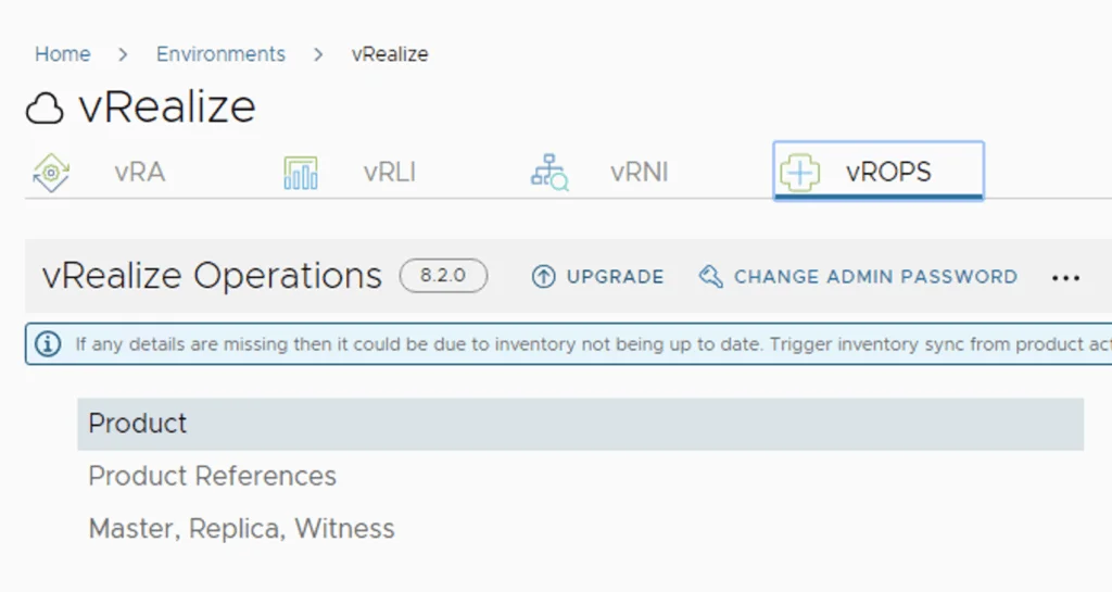 The vRealize Operations Manager interface shows upgrade options, with a note about inventory sync and upgrade buttons visible.