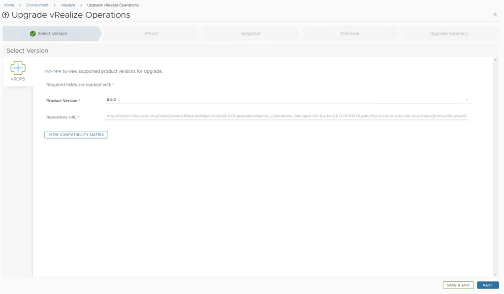 Upgrade vRealize Operations wizard showing version selection with 8.6.0 and repository URL.
