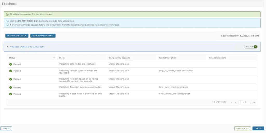 Precheck results show all validations passed for vRealize Operations Manager upgrade.