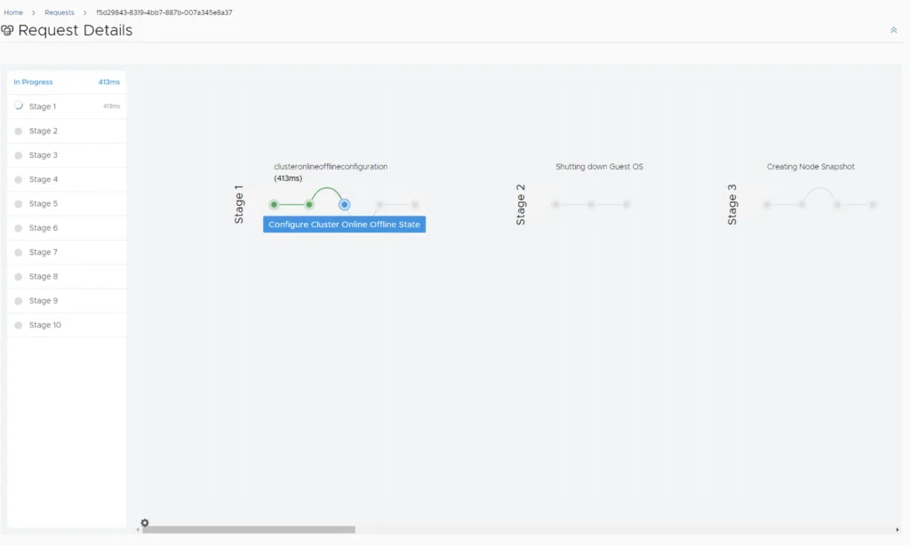 Upgrading vROPS via vRSLCM: Progress screen showing stages and status.