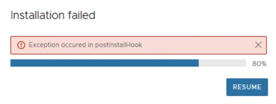 Installation failed due to Exception in postInstallHook, 80% progress.