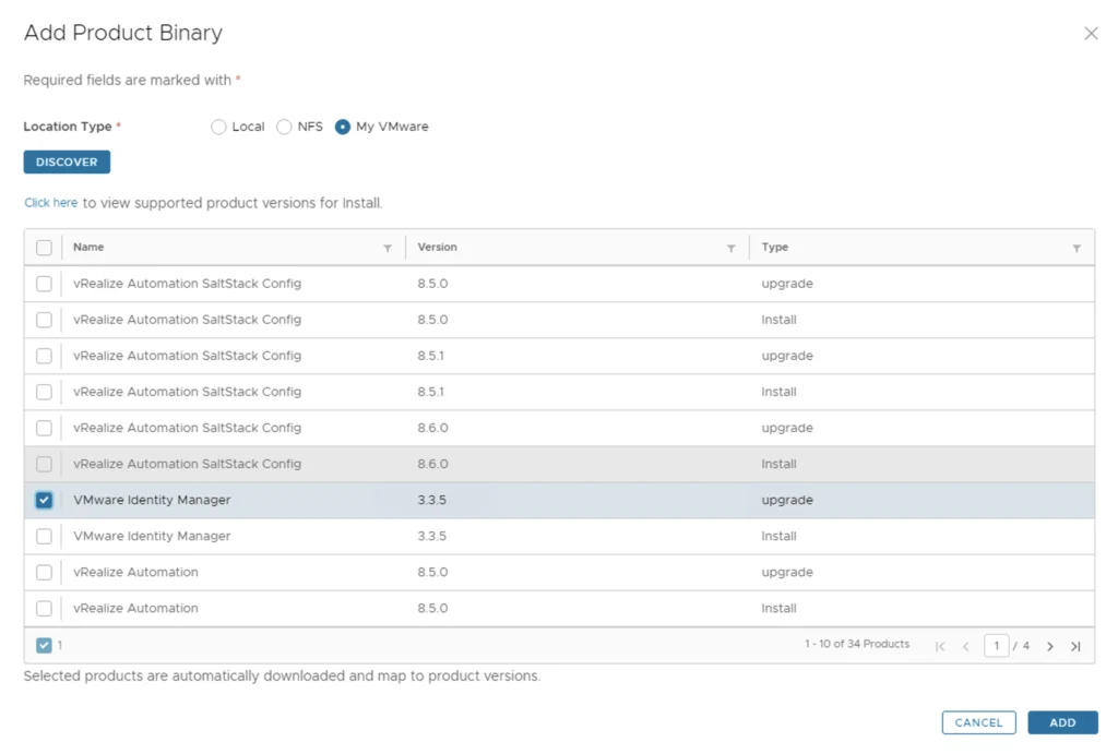 In the “Add Product Binary” wizard, select the VMware Identity Manager 3.3.5 upgrade package and click Add.