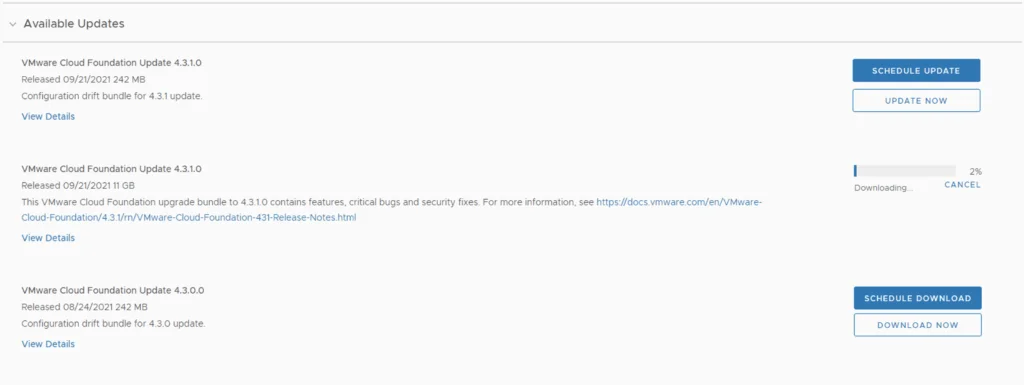 Screenshot shows VMware Cloud Foundation update options for 4.3.1.0 and 4.3.0.0.