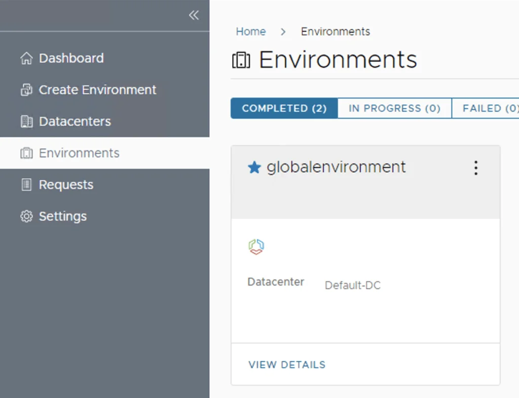 The image shows the Environments page in vRSLCM, with a completed environment named “globalenvironment” in the Default-DC.