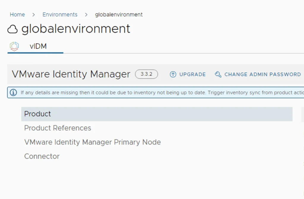The image shows the VMware Identity Manager upgrade page in vRSLCM, with options to upgrade and change admin password.