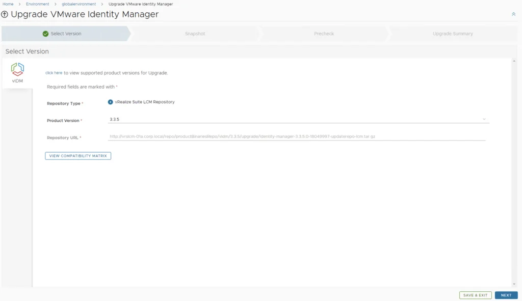 Upgrade screen for VMware Identity Manager version 3.3.5 with repository details.