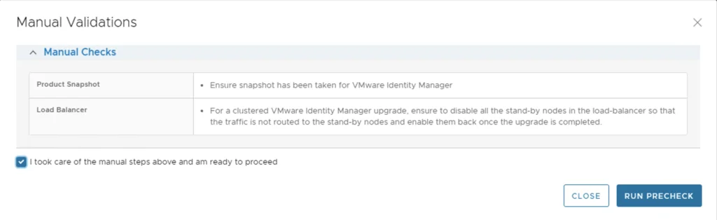Manual Validations step for vIDM upgrade; check box for manual steps, precheck button.