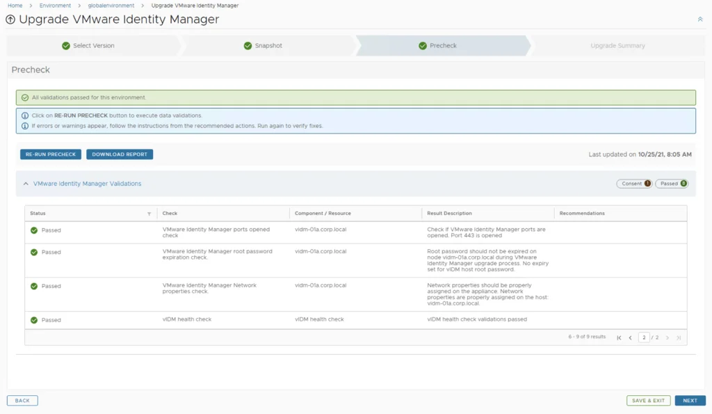 Precheck results for vIDM upgrade show all validations passed; proceed by clicking Next.