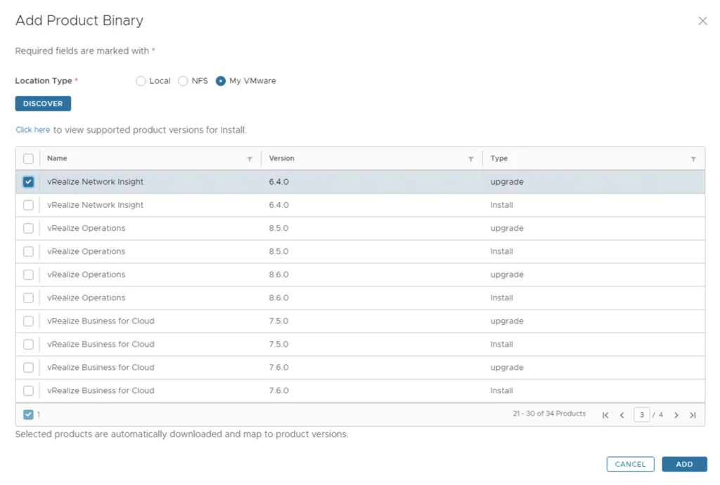 In the “Add Product Binary” wizard, select the “upgrade” option for vRealize Network Insight 6.4.0 and click Add.