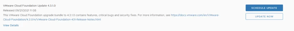 UI shows VMware Cloud Foundation Update 4.3.1.0 with options to schedule or update now.