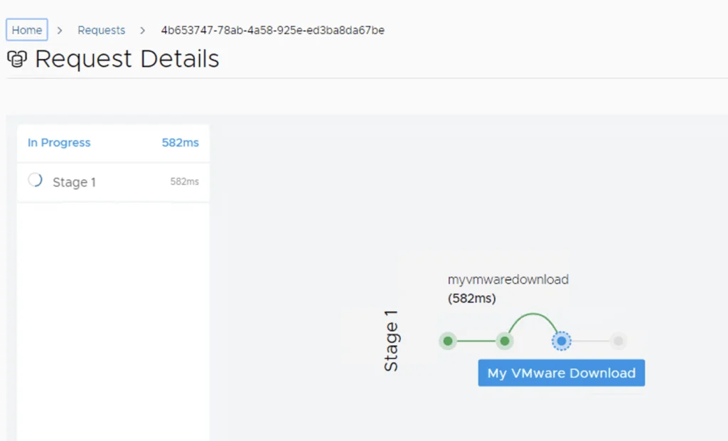Request for VMware download is in progress, showing Stage 1 with 582ms.