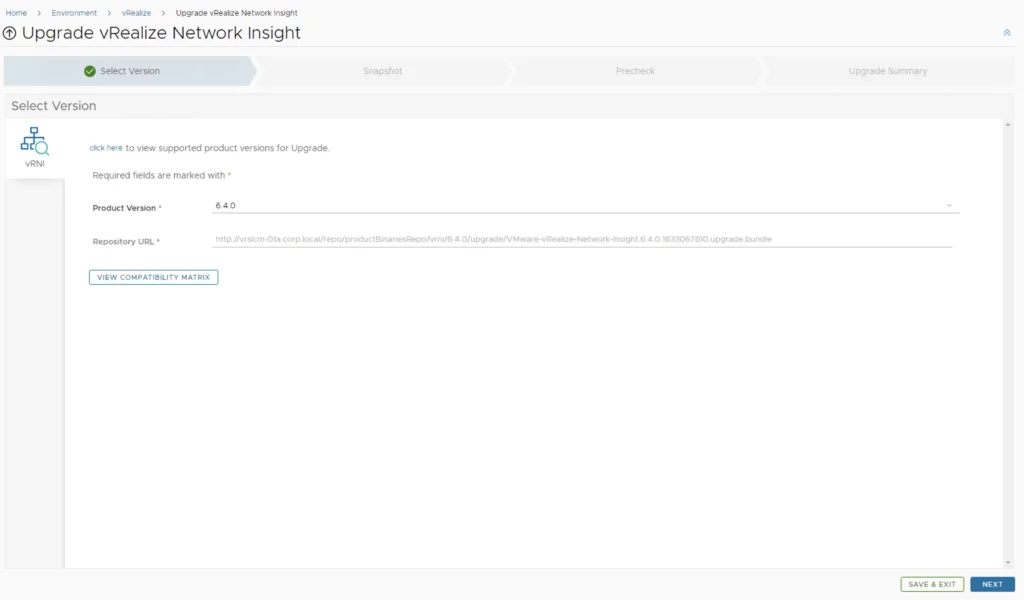 Upgrading vRNI to 6.4.0 via vRSLCM, select version 6.4.0, and click Next.