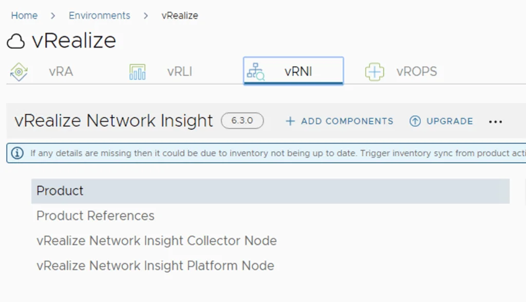 The image shows the vRealize Network Insight upgrade screen with a prompt to sync inventory and upgrade options.