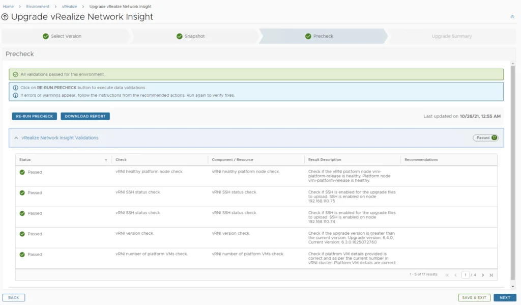 The precheck step shows all validations passed, allowing the upgrade to proceed.
