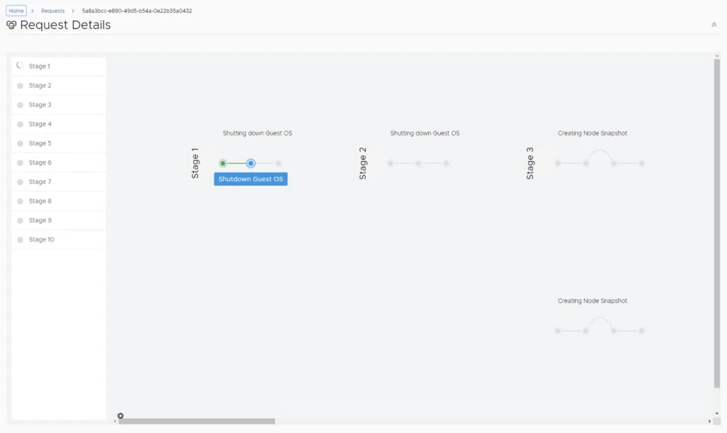 Progress screen showing stages 1-3 of an upgrade, with “Shutting down Guest OS” and “Creating Node Snapshot” in stages.