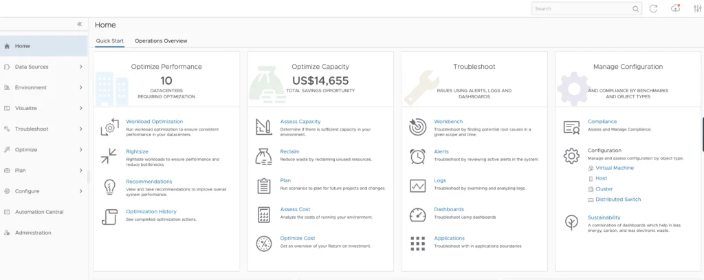 The image shows a vROPS 8.6 UI with a sidebar menu for navigation, including options like Data Sources, Environment, and Troubleshoot.