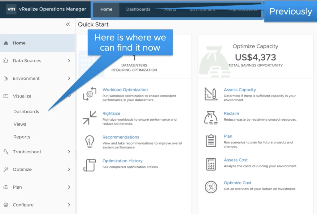 The Dashboards are now under the Visualize menu, allowing direct access to dashboards, views, and reports.