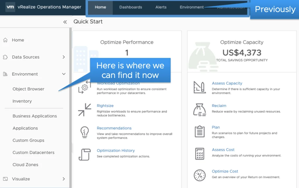 The image shows the vRealize Operations Manager UI with the Environment tab open, revealing options like Object Browser, Inventory, Business Applications, and others.
