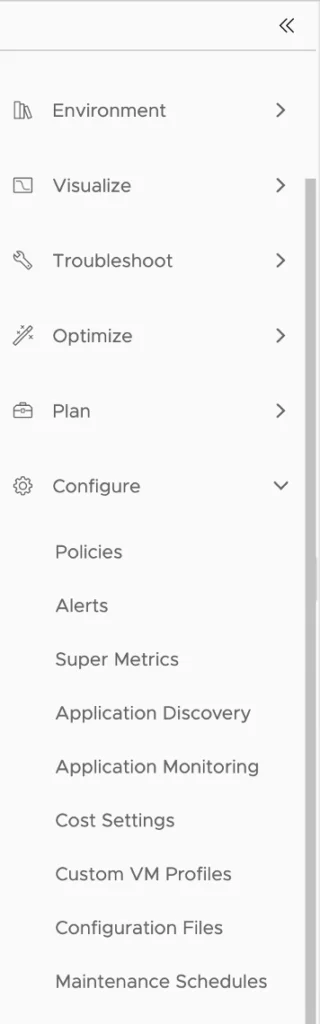 The image shows a menu under Configure in vROPS 8.6, listing options like Policies, Alerts, and Application Discovery.