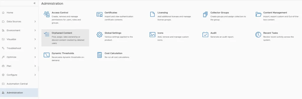 The image shows the Administration menu in vROPS 8.6, listing options like Access Control, Certificates, Licensing, Collector Groups, and more.