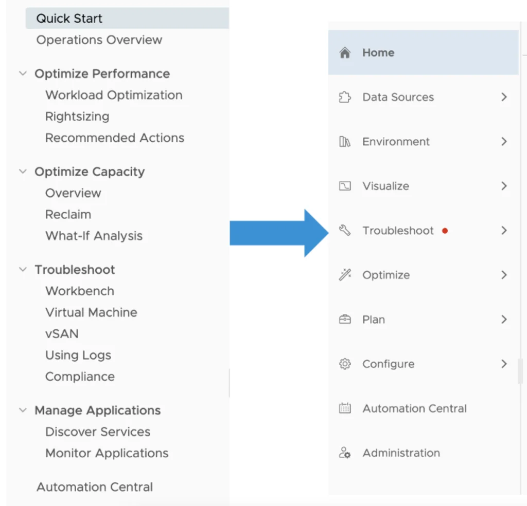 The image shows the side menu in vROPS 8.6, highlighting the “Troubleshoot” section with a red dot.