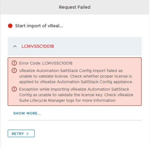 Error LCMVSSC10018: vRealize Automation SaltStack Config import failed due to license validation issue.