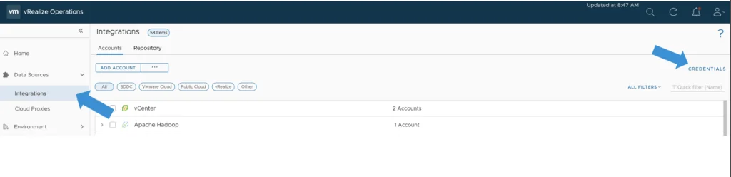 The image shows a VMware vRealize Operations interface with options for adding accounts and credentials, focusing on integrating data sources.