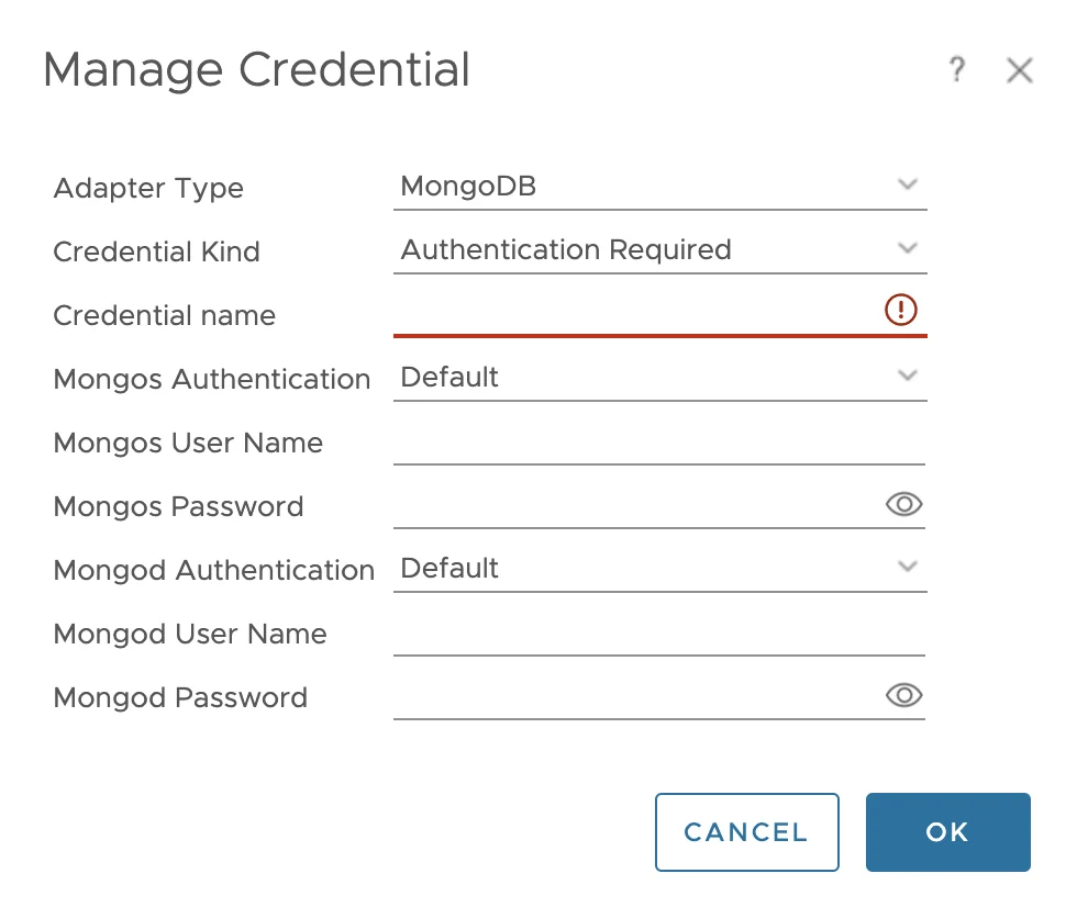 Manage Credential wizard step shows MongoDB adapter, Authentication Required, and fields for username, password, and authentication type.