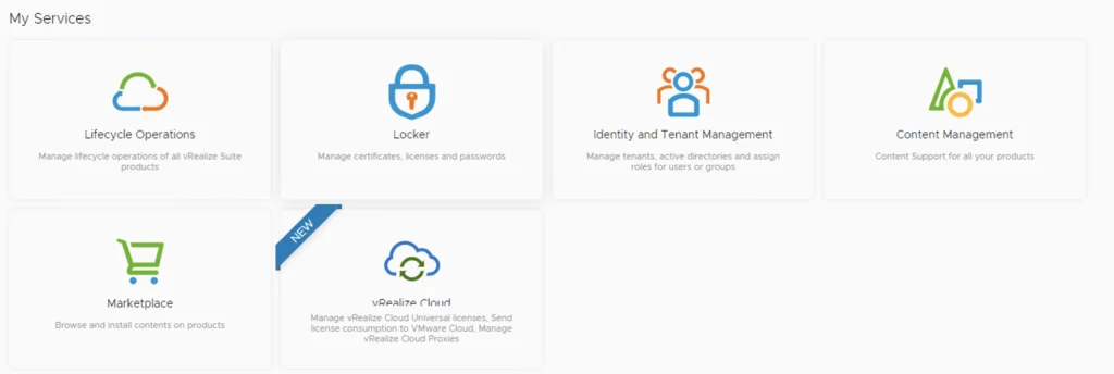 The image shows a screenshot of vRSLCM's service options, including Lifecycle Operations, Locker, Identity and Tenant Management, Content Management, Marketplace, and vRealize Cloud.