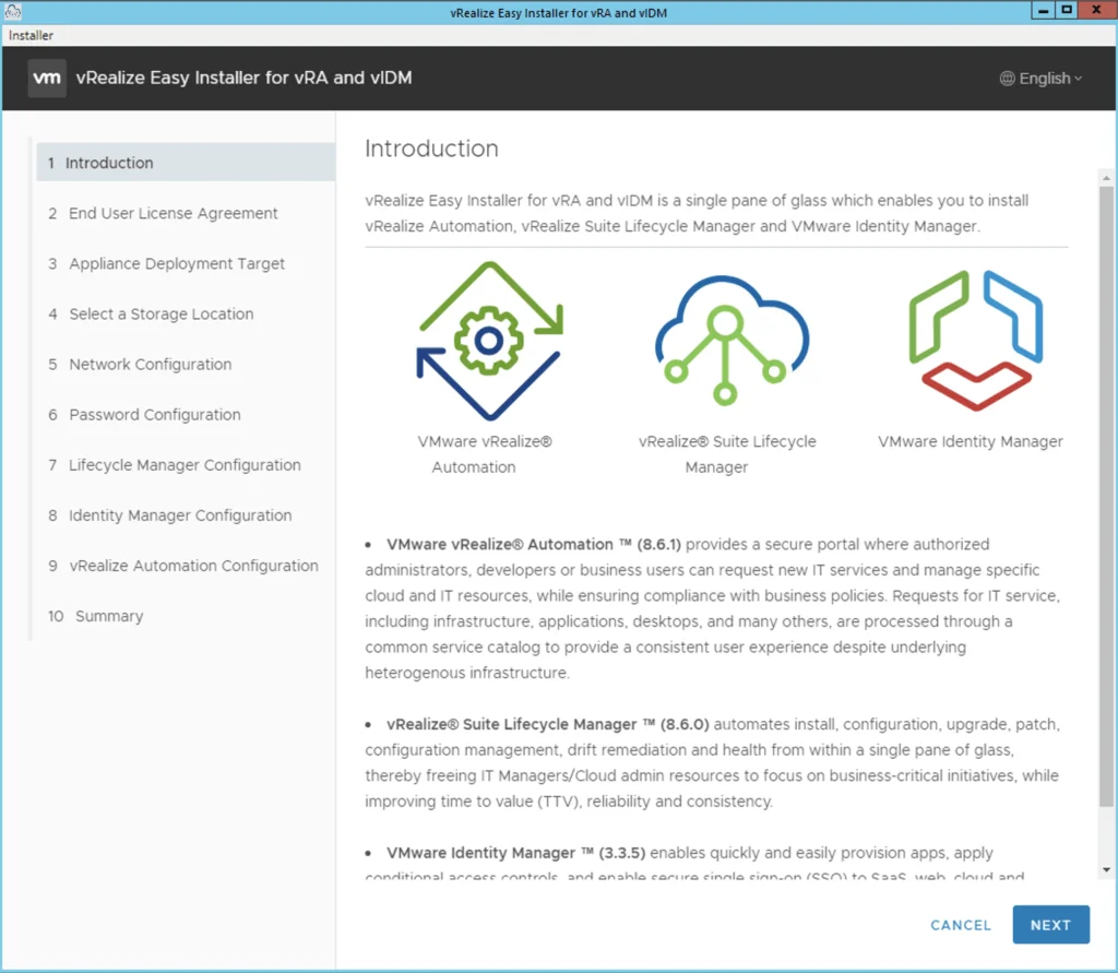 The image shows the Introduction step of the vRealize Easy Installer for vRA and vIDM, highlighting vRealize Automation, Suite Lifecycle Manager, and Identity Manager components.