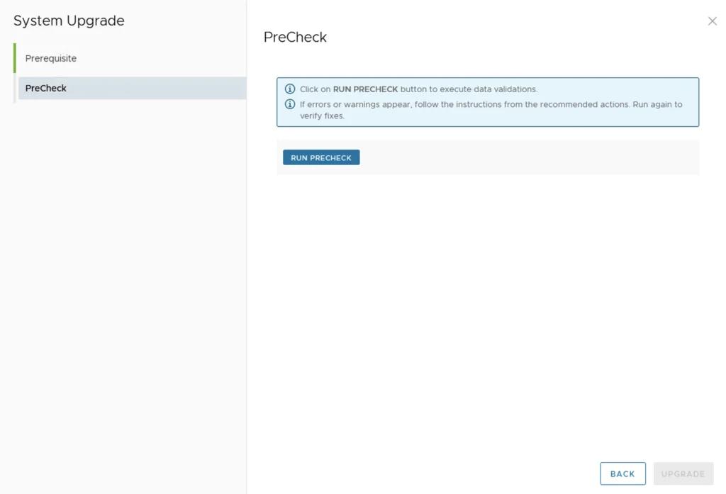 Precheck screen for system upgrade in VMware Aria Suite Lifecycle 8.14 upgrade wizard.