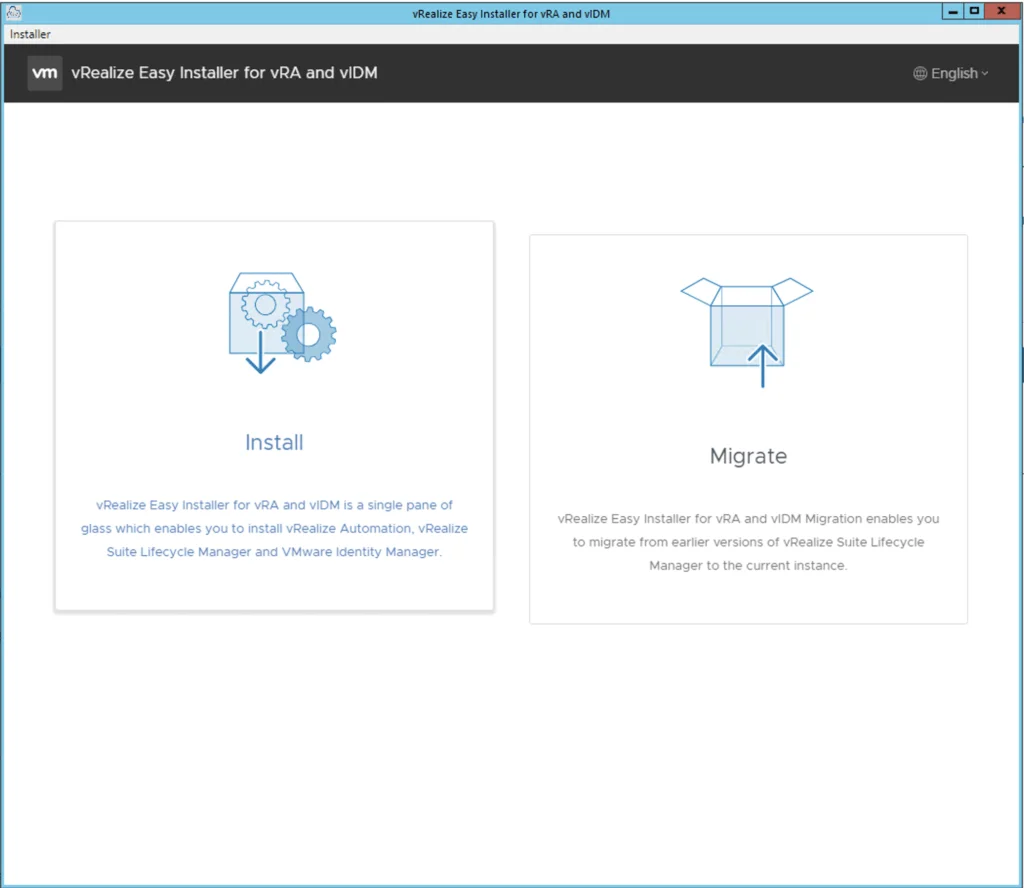 The image shows the vRealize Easy Installer for vRA and vIDM, offering options to install or migrate software.
