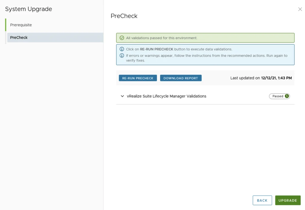 PreCheck passed; click Upgrade to proceed.