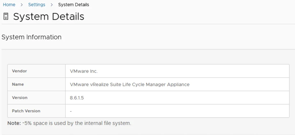 System details show vRSLCM 8.6.1.5 version, no patch, 5% internal file space used.