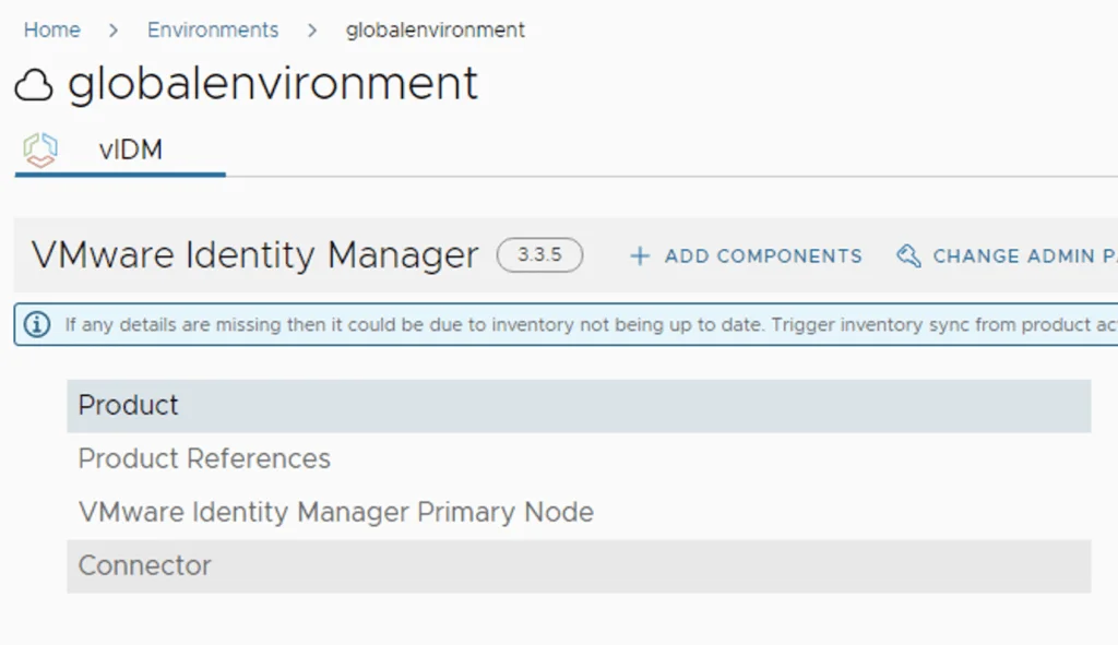 The image shows a VMware Identity Manager 3.3.5 environment setup in a global environment, with options to add components and change admin password.
