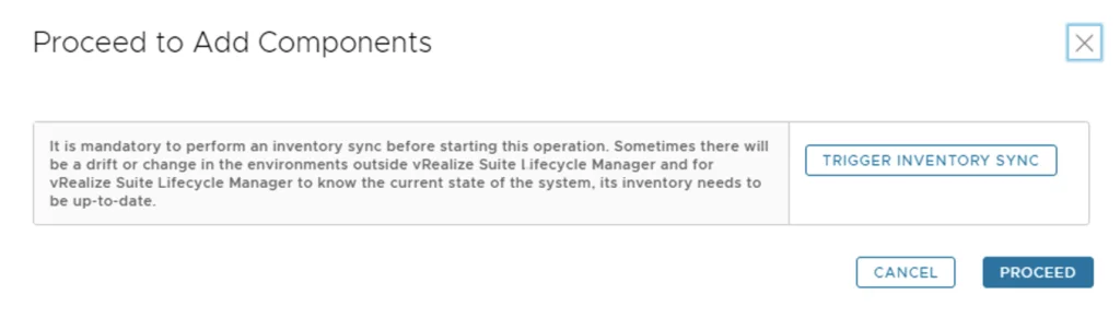 Add Components wizard step, mandatory inventory sync before proceeding.